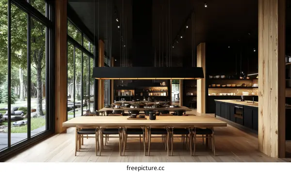 Modern Wooden Dining Area with Large Windows