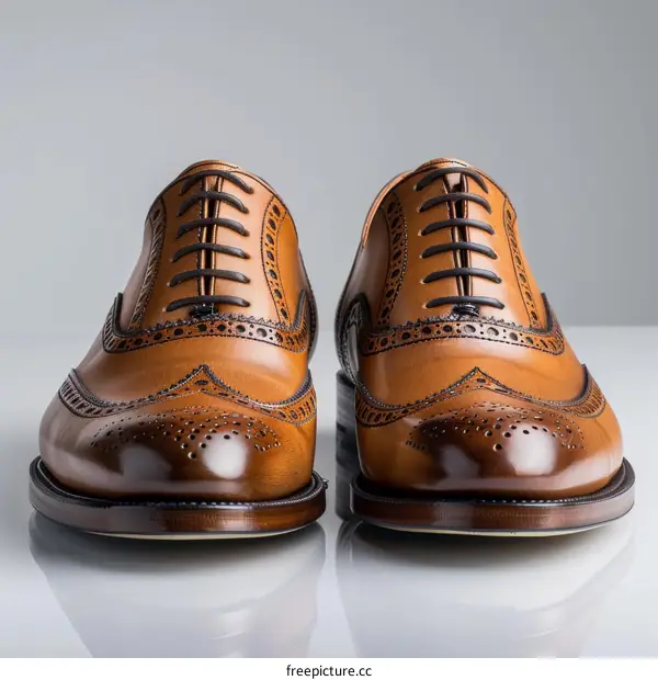 A pair of brown leather shoes with brogueing and a wingtip design