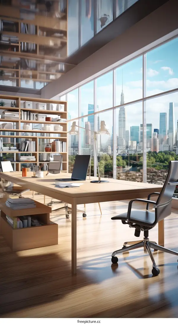 Modern office interior with large windows and city view