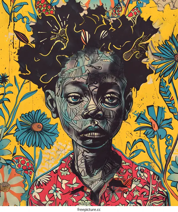 Colorful Portrait of a Black Child with Flowers