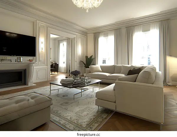 Modern Living Room Interior Design with White Sofa and Fireplace