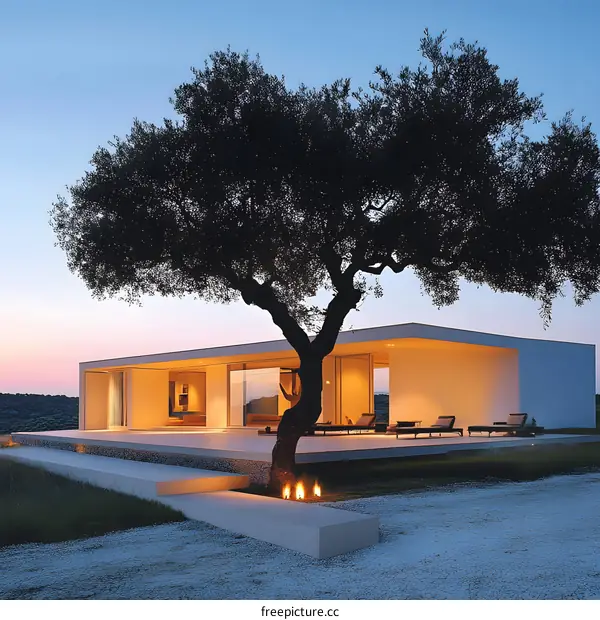 Modern Minimalist House with Olive Tree at Sunset