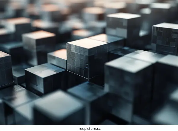 Abstract 3D rendering of a cityscape made of reflective cubes