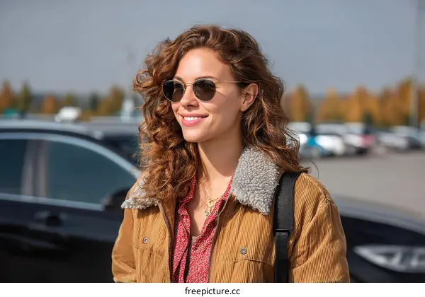 Young woman with curly hair wearing sunglasses and a brown jacket