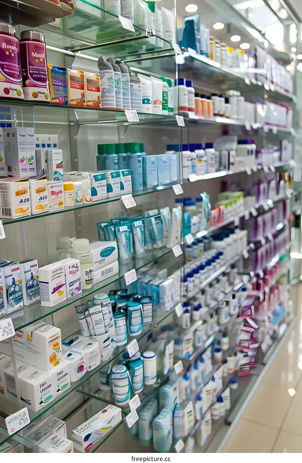 Pharmacy Shelves Full of Various Medicine and Cosmetics
