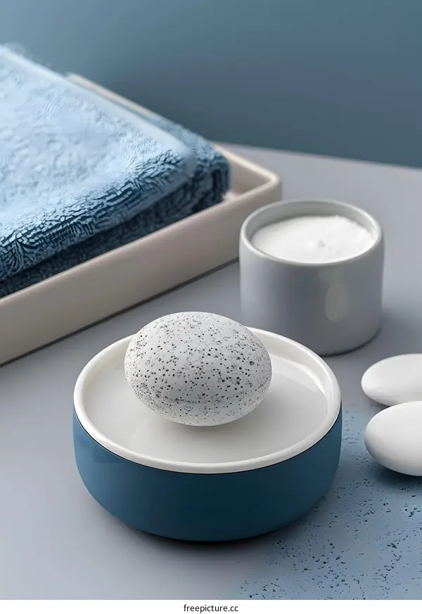 Blue and White Stone Soap Dish with Towel