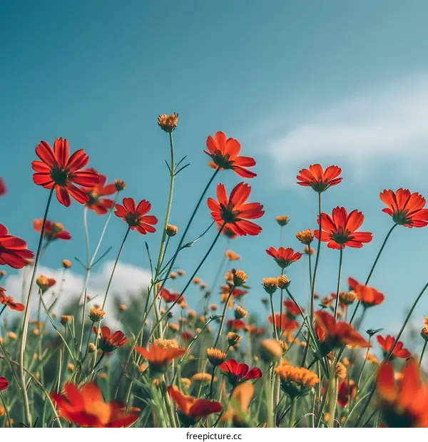 Red Cosmos Flowers Blooming in the Field Under the Blue Sky
