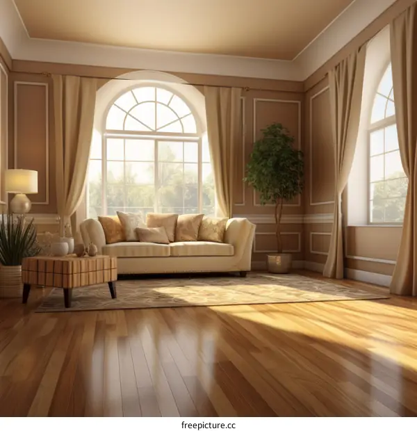 Elegant living room interior design with large windows and a comfortable sofa