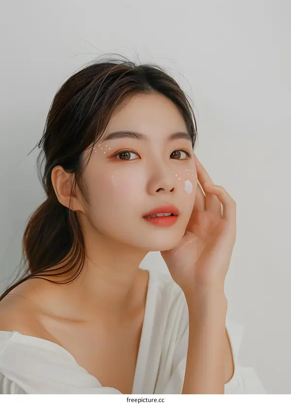 Young Asian Woman with Makeup and White Dots on Face