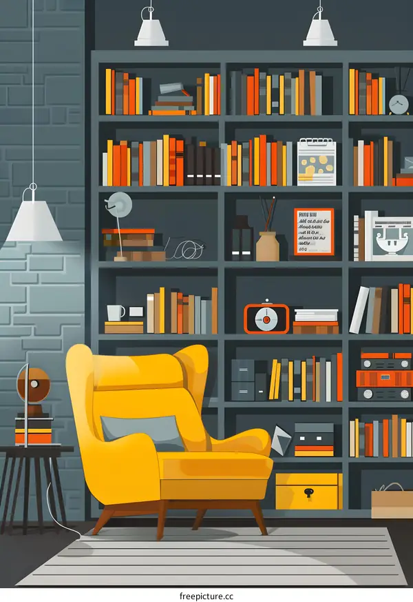Cozy Living Room With Bookshelf And Armchair