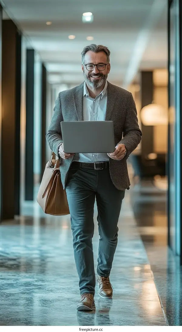 Businessman Walking Down Office Corridor with Laptop