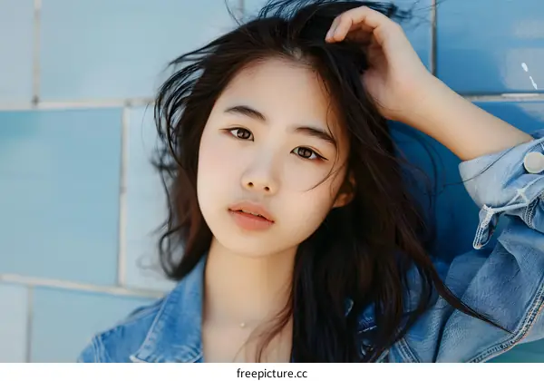 Portrait of a Young Woman with Long Black Hair in a Denim Jacket