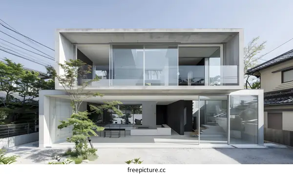 Modern Concrete House With Large Glass Windows And Minimalist Design