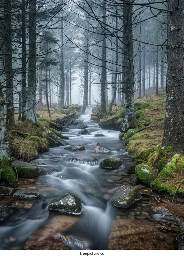 Small river flowing through a foggy forest with green moss on the rocks