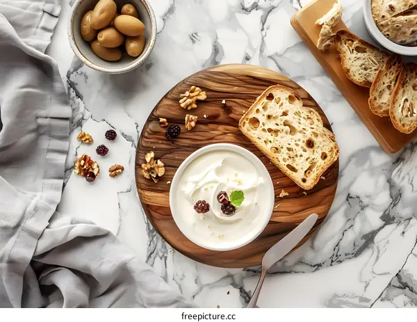 Healthy Breakfast with Yogurt, Bread, and Walnuts