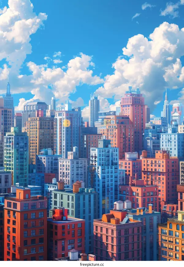Colorful Cityscape Illustration with Vivid Sky