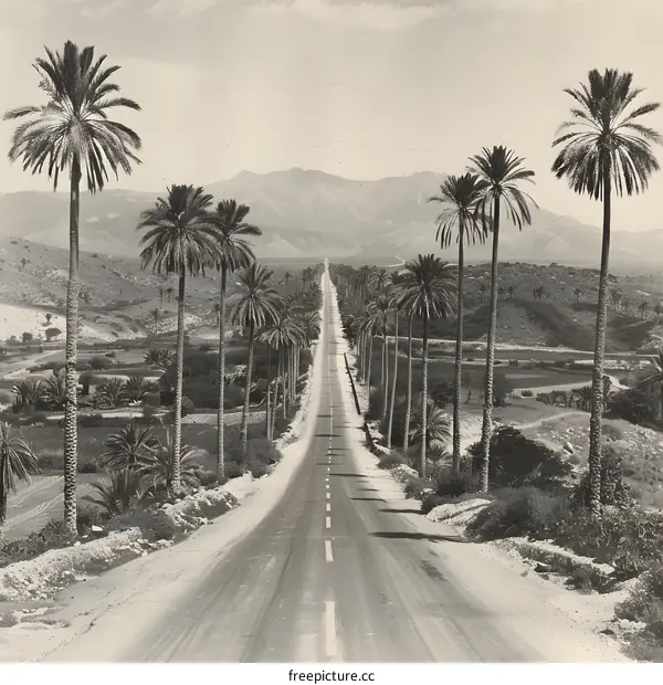 Palm trees line a road in a desert landscape.