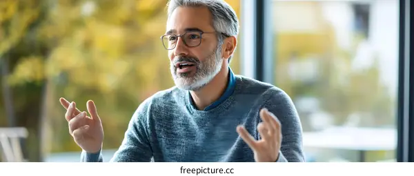 Mature Caucasian Man Talking in Meeting