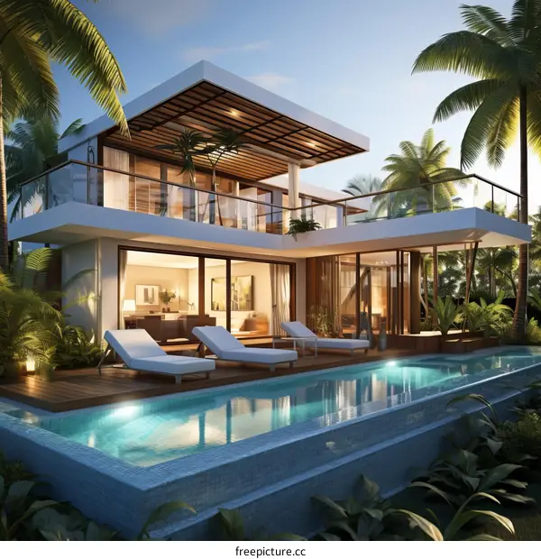 Luxury Modern Villa with Pool and Palm Trees