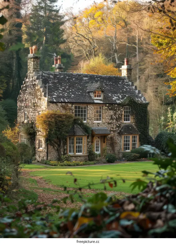 Stone Cottage In The Woods With Colorful Fall Foliage