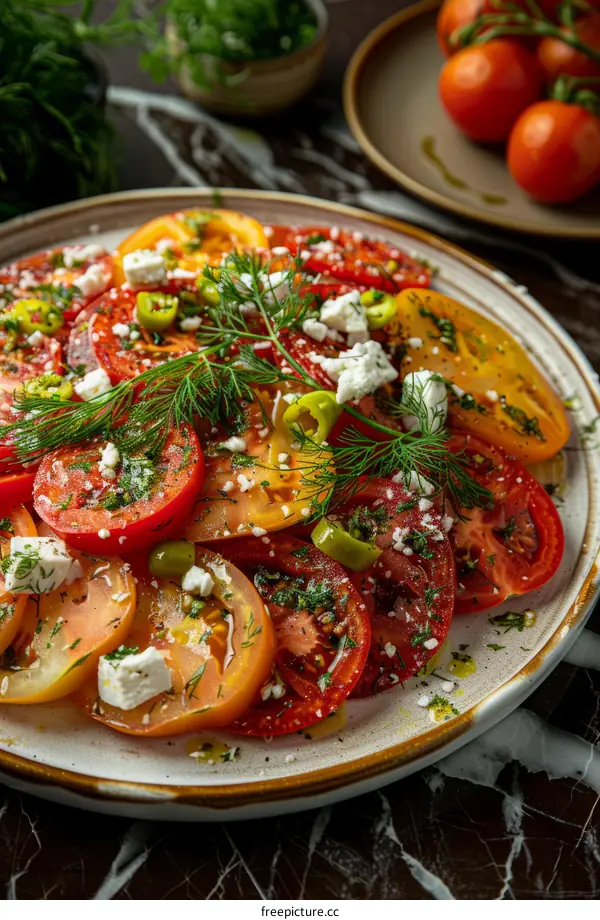 Fresh heirloom tomato salad with feta cheese and herbs