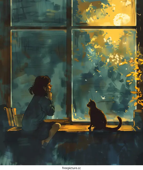 Girl Sitting by Window with Cat