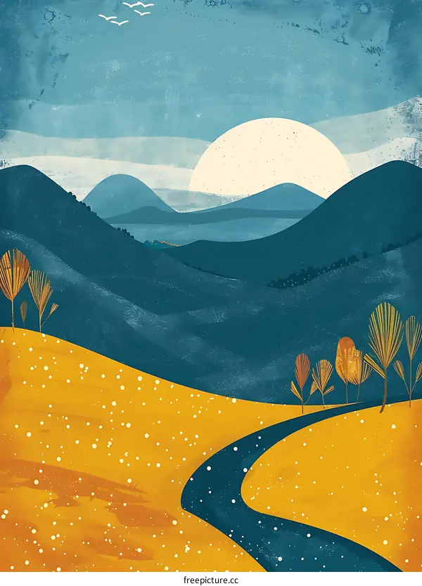 Abstract Landscape With Blue Mountains and River