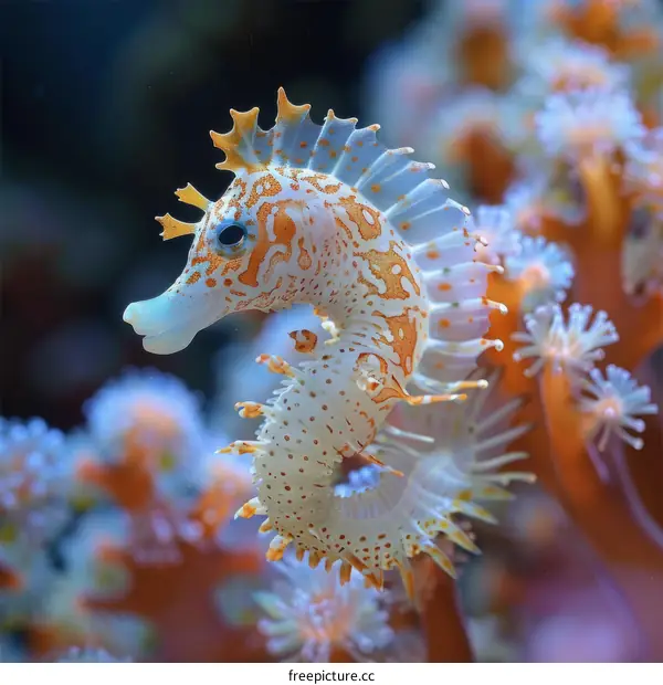 Tiny Orange and White Seahorse on Coral