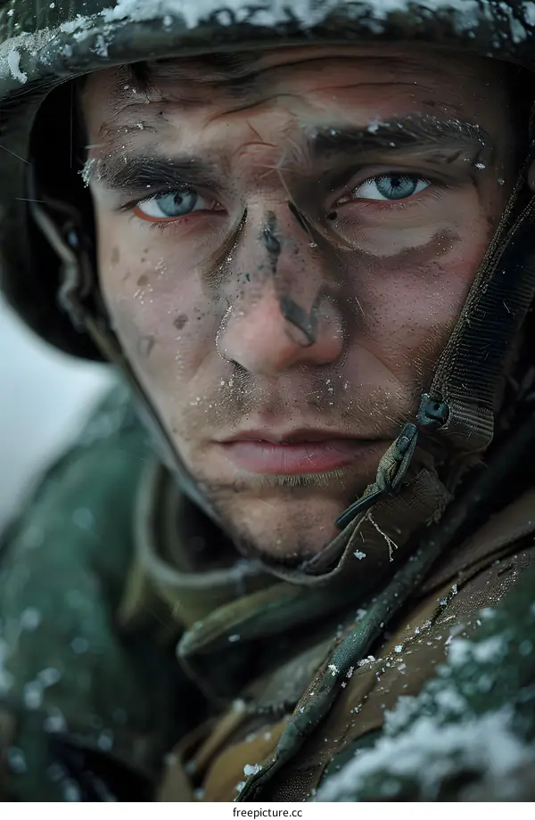 Portrait of a soldier with blue eyes and a dirty face