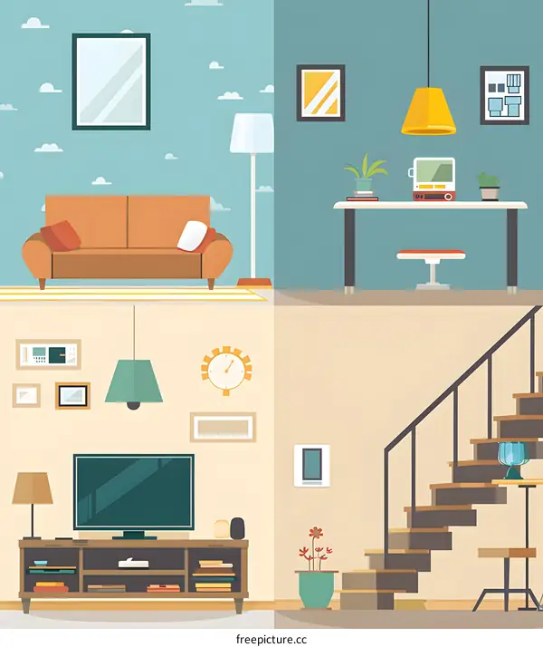 Modern House Interior Design Flat Illustration