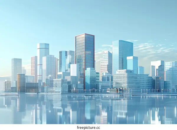 Urban Skyline with River Reflection and Clear Blue Sky