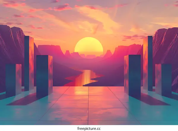 Sunset View with Pillars in a Digital Landscape
