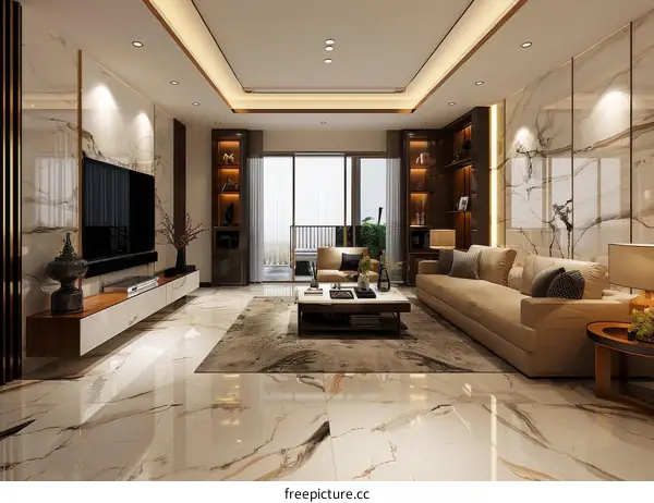 Spacious Living Room with Marble Floors and Elegant Furniture