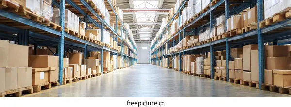 Warehouse Interior with Full Shelves of Boxes