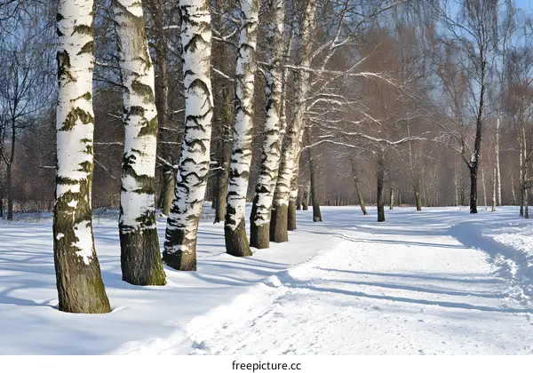 Winter Birch Trees in Snowy Forest