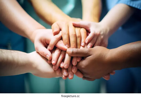 Multiracial group of doctors joining hands in solidarity