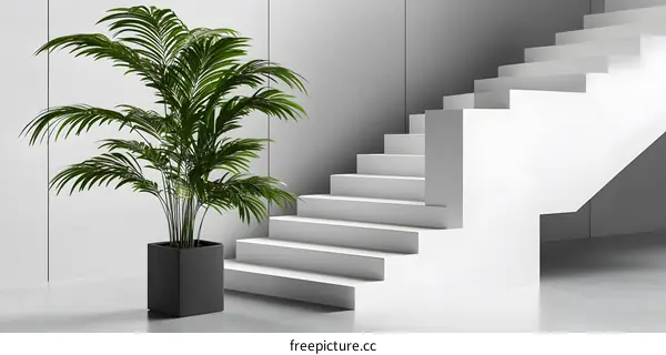 Modern Interior Design With White Stairs And Green Plant