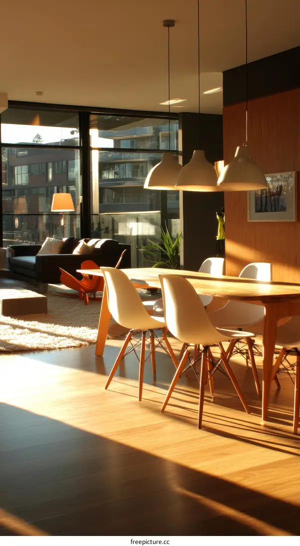 Modern Dining Room with Sunlight and Pendant Lights