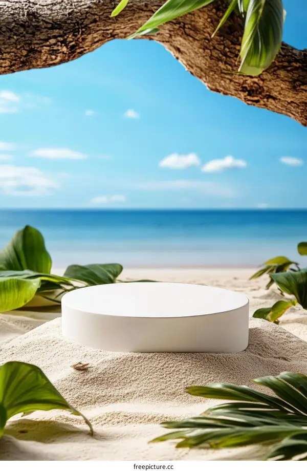 Empty White Display Stand on Sandy Beach