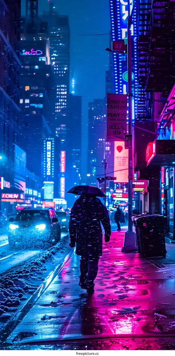 Neon City Street Scene with Snow and Rain