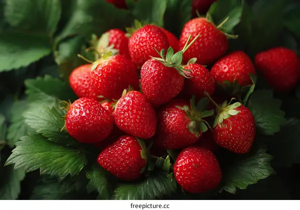 Freshly Picked Strawberries on Leaves
