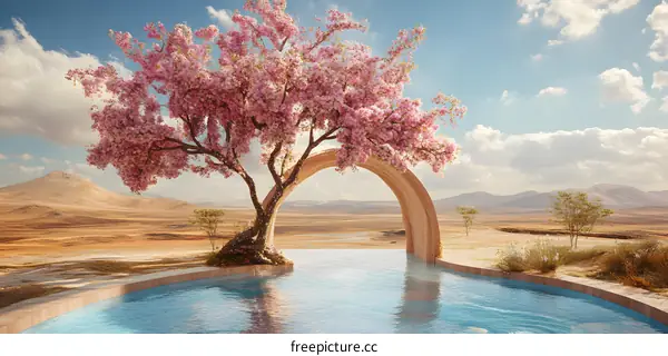 Pink Blossom Tree Near Pool In Desert With Archway