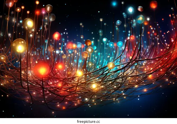 Fiber optic cables form a glowing network of connections in deep space