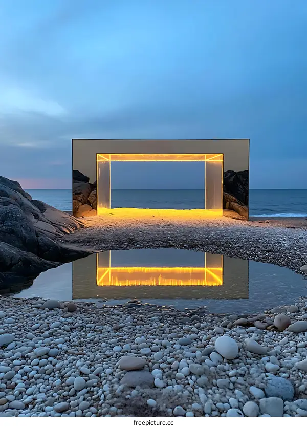 Golden Frame Reflecting in Water on a Rocky Beach