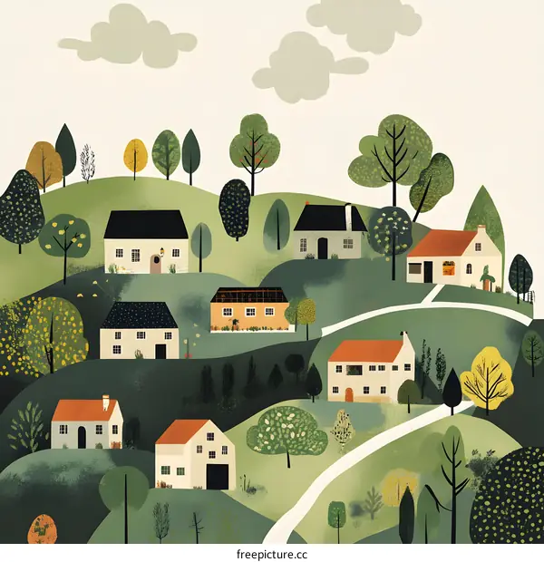 Hand Painted Illustration of Small Village in Green Hills