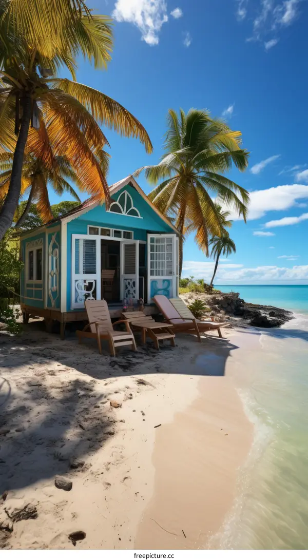Beach hut on a tropical island with palm trees and white sand