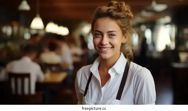 Portrait of a Smiling Waitress in a Busy Restaurant
