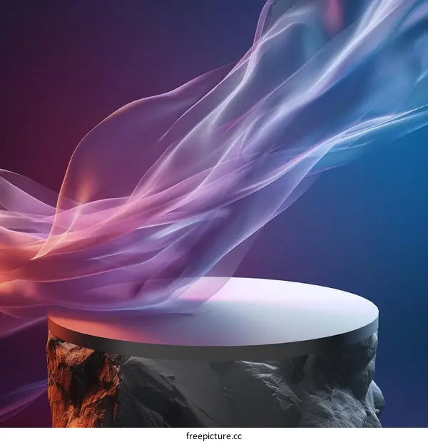 3D rendering of a podium made of black marble with a glowing pink and blue cloth draped over it