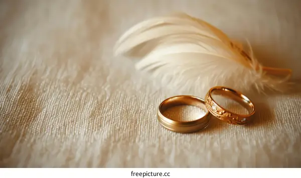 Two gold wedding rings with a white feather on a beige cloth