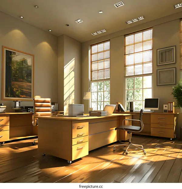 Modern Office Workspace with Large Windows and Sunbeams